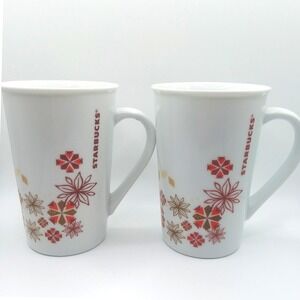 Starbucks Holiday Poinsettia Snowflake Christmas Coffee Latte Mug 12oz Set‎ of 2